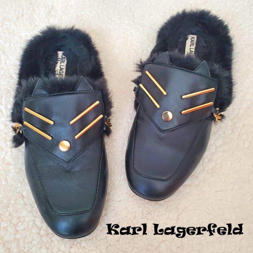 VGUC Karl Lagerfeld Fur-Lined Leather Mule